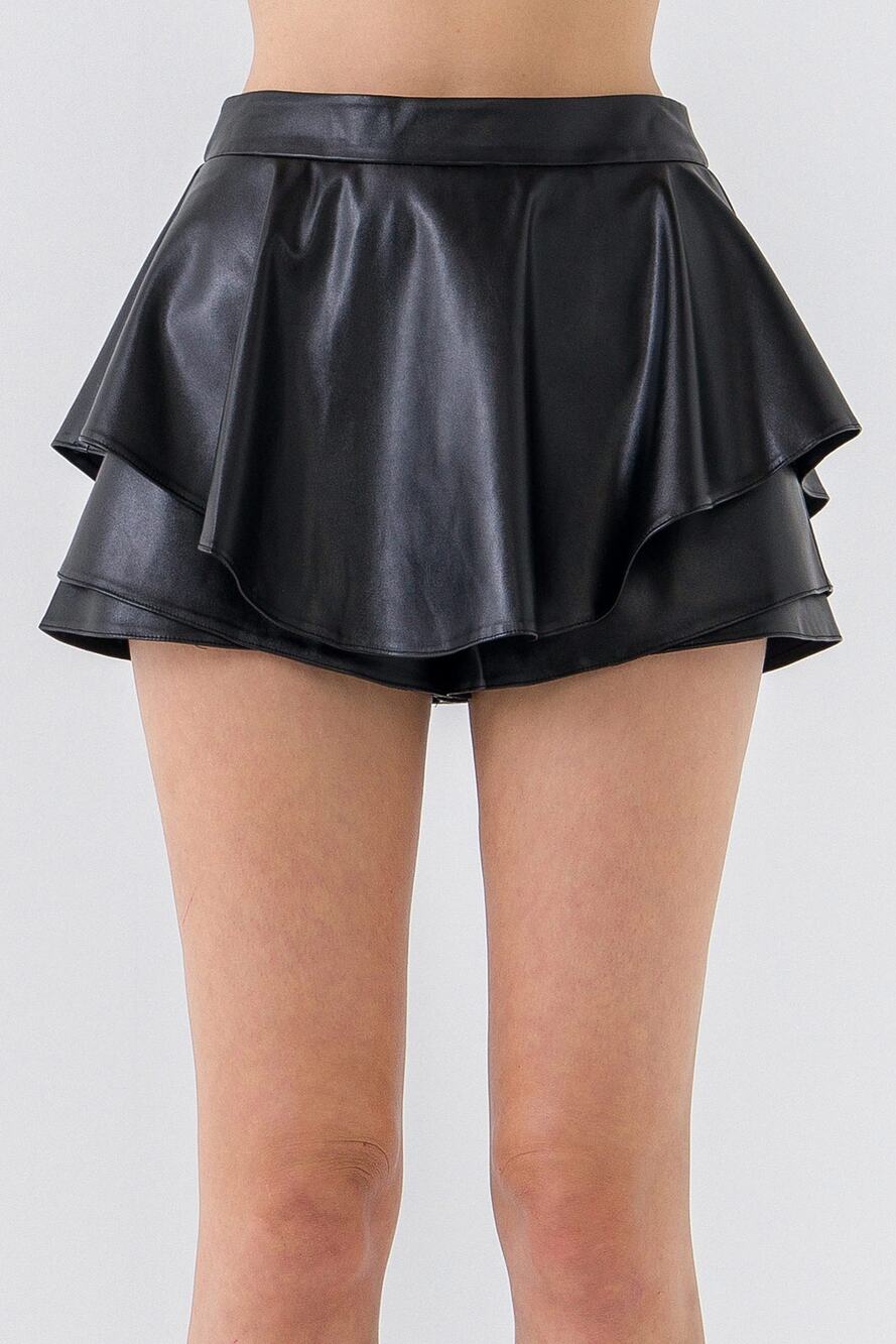 ENDLESS ROSE Skirt MEDIUM Black Vegan Leather Skort Ruffle NEW with Tags